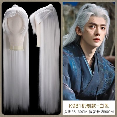 现货速发武侠演出男士白色整顶假发银灰色长直发古风仙侠君舞台演