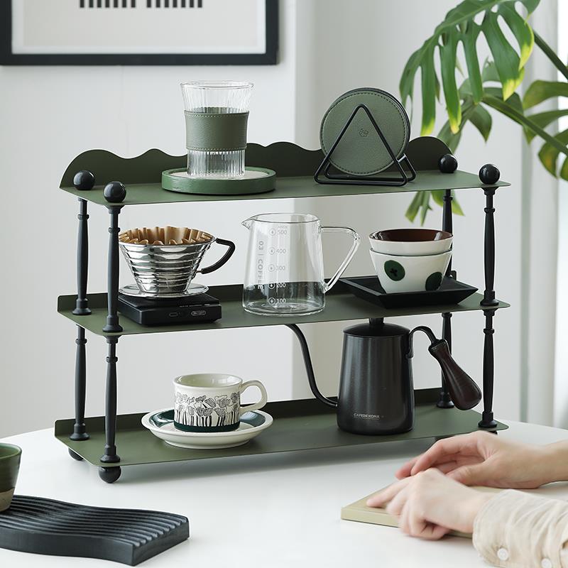 墨绿色置物架三层杯子收纳厨房铁艺杯架桌面覆古杯子架中古收纳层