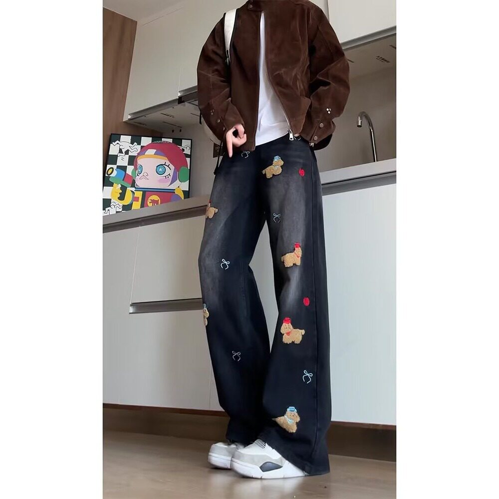 时尚潮流直筒青年高街设计感阔腿拖地长裤美式风小狗刺绣牛仔裤男