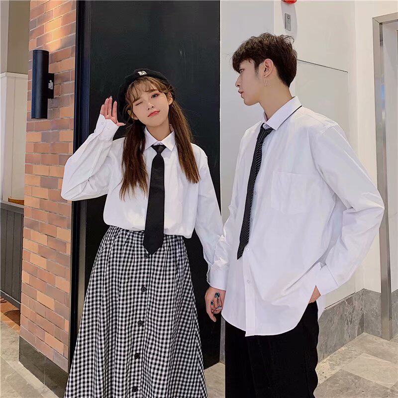 白色长袖衬衫男宽松情侣没有领带韩版潮流港风学生班服休闲学院风