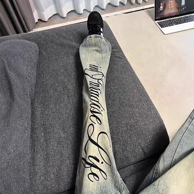 美式新款闪电纹微喇牛仔裤男女款高街vibe裤子修身显瘦直筒弯刀裤