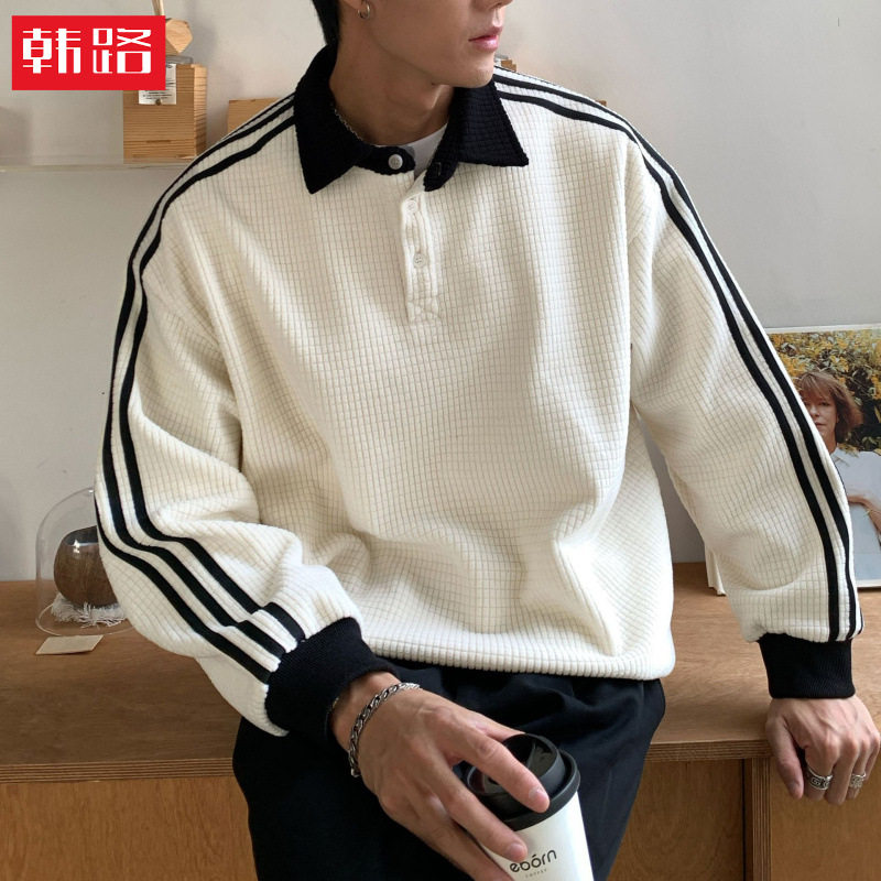 韩路|廓形宽松撞色翻领卫衣男秋季美式复古下摆可调休闲运动上衣