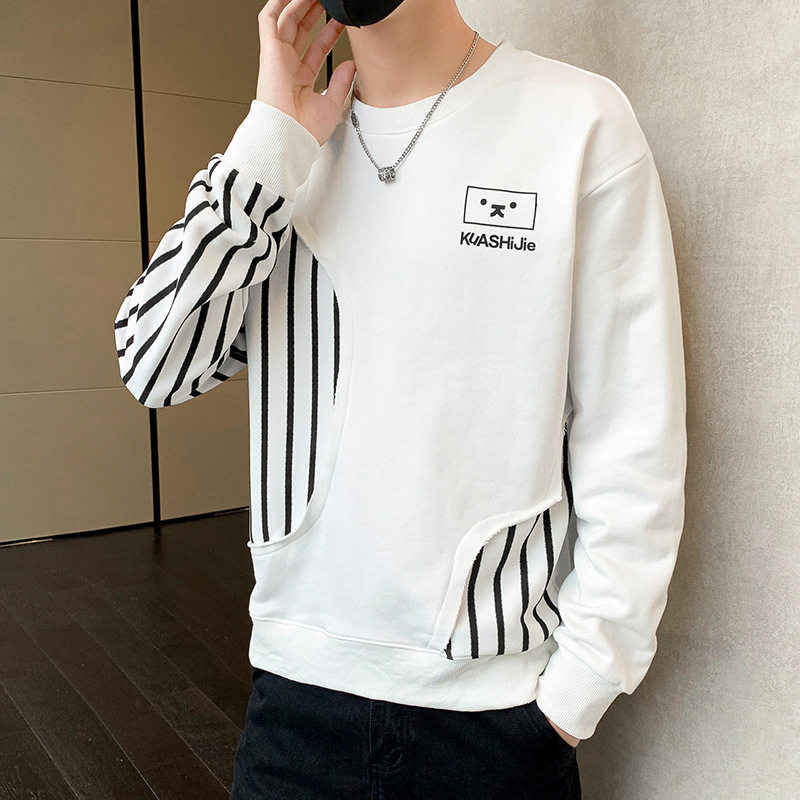 男装新款圆领套头卫衣男潮流时尚条纹长袖t恤男休闲百搭内搭卫衣