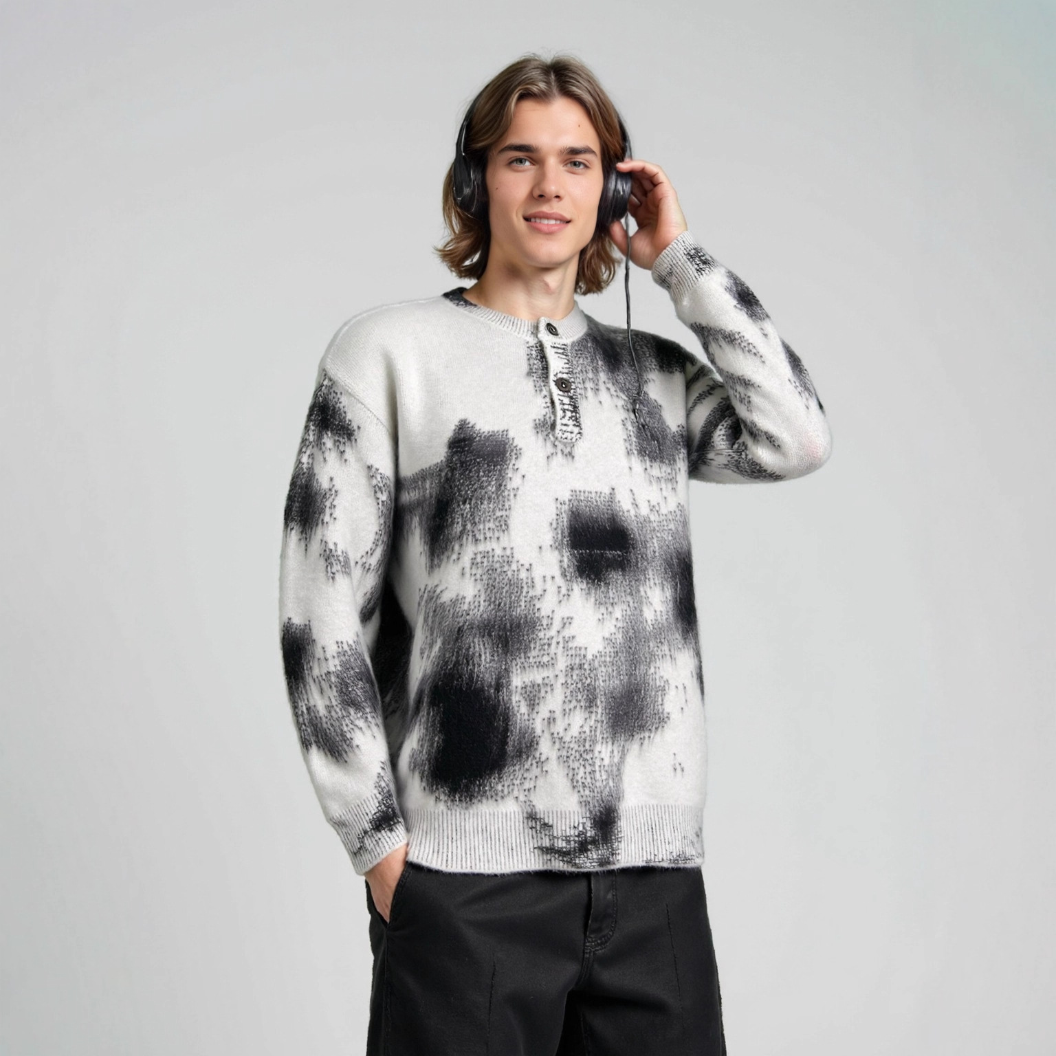 美式秋冬重磅复古痞帅拉毛毛衣男士亨利领休闲保暖宽松针织衫