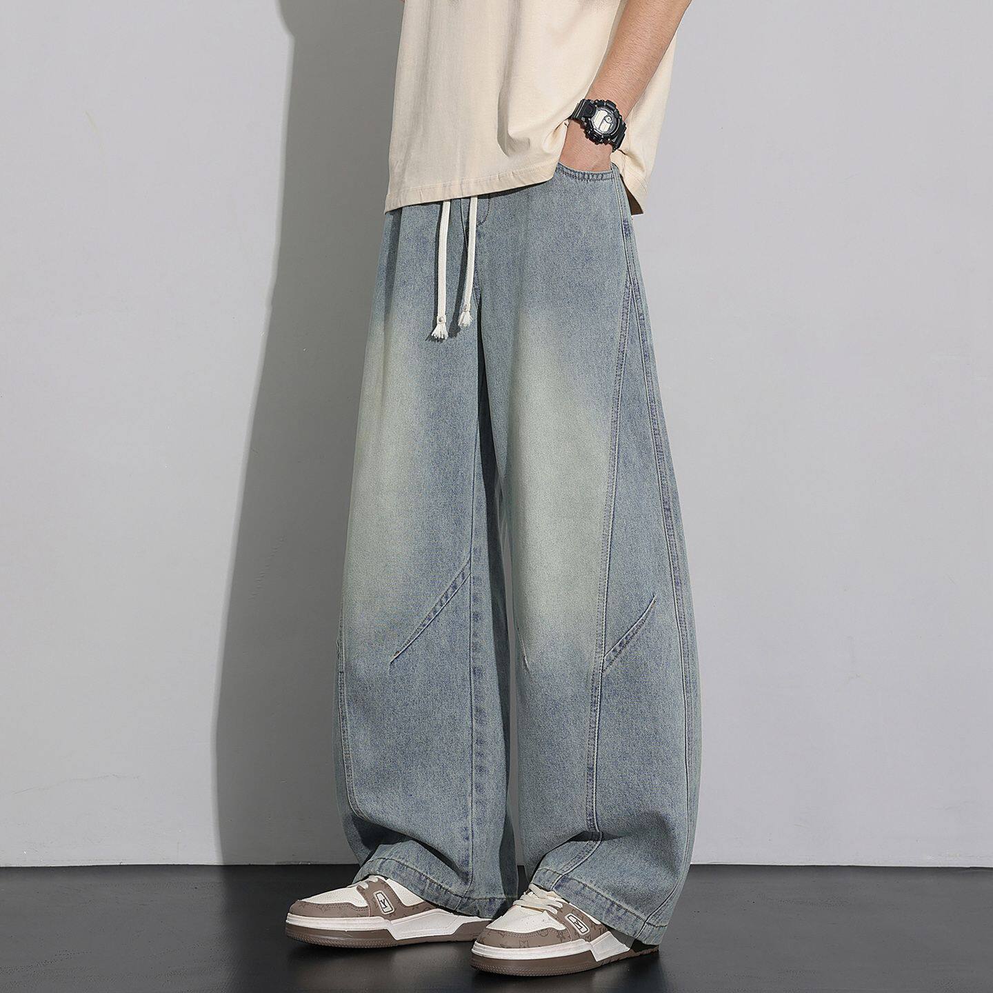 牛仔裤男款春秋新款美式复古水洗直筒弯刀裤宽松休闲阔腿工装裤子