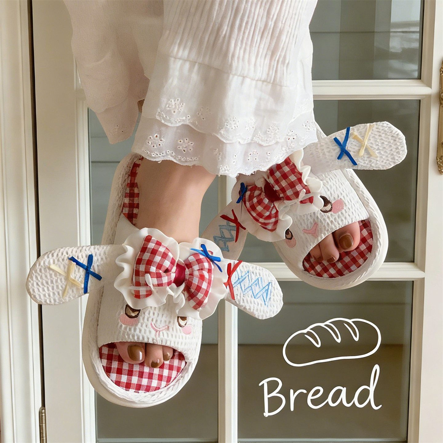 细细条女士洛丽塔可爱蝴蝶结兔子棉麻拖鞋防滑四季通用卧室地板鞋