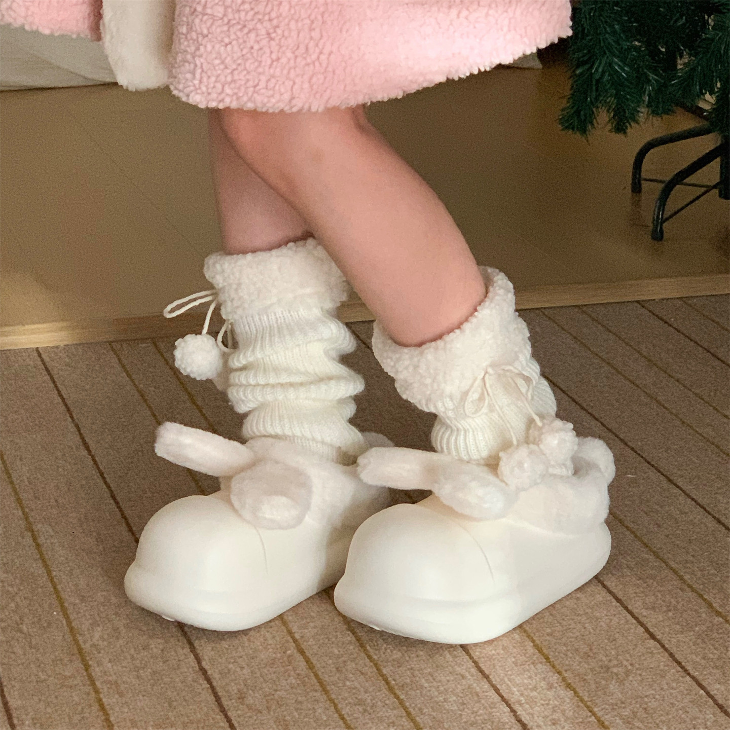 细细条加绒女士防滑居家棉拖鞋可爱兔耳朵户外穿防水懒人冬厨师鞋