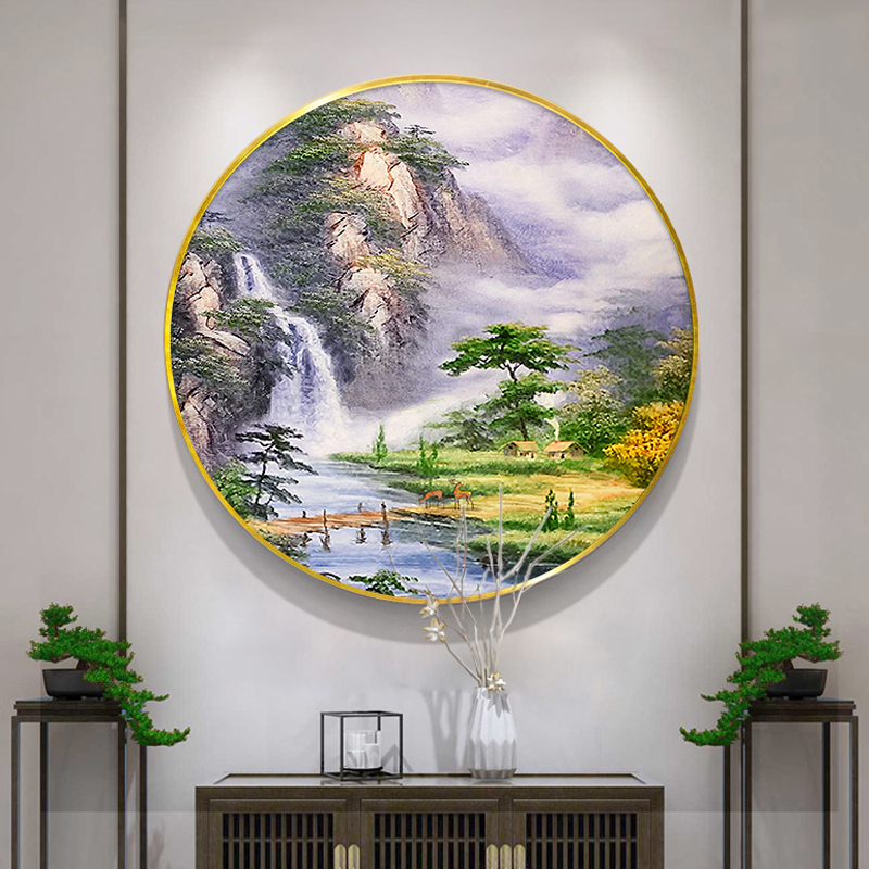新中式客厅装饰画玄关油画手绘山水沙发背景墙圆形餐厅走廊鹿挂画图片