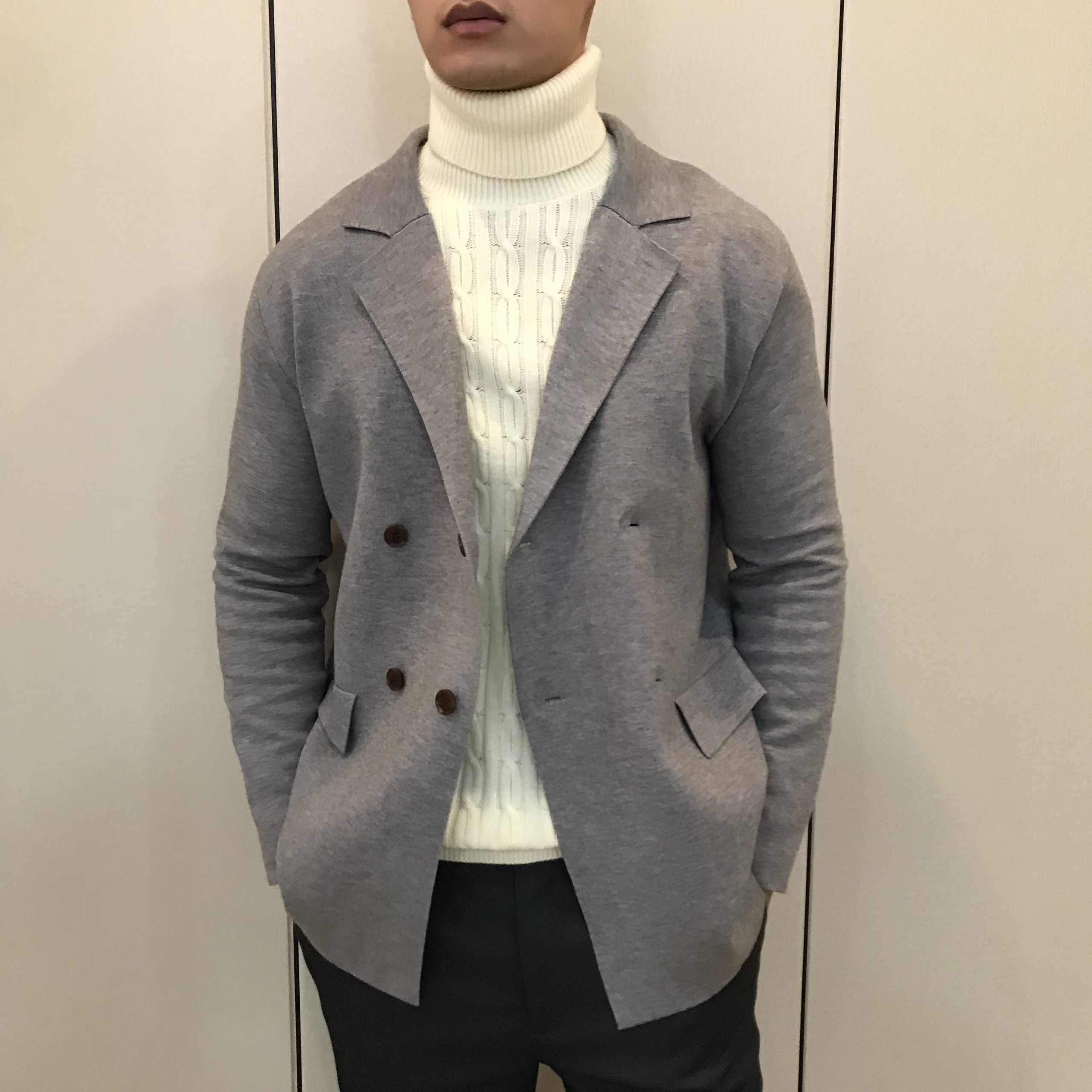 冬季新款英伦风双排扣灰色高级感针织毛衣西服外套通勤长袖上衣