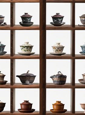 新中式茶室多宝阁茶桌复古摆件茶具陶瓷盖碗古风茶道茶文化配件