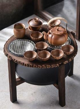 野炊露营烧烤围炉煮茶烤火复古围炉桌阳台户外双炉小围桌茶具套装