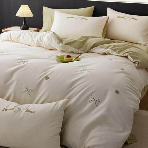 冬季保暖A类磨毛床上四件套全棉纯棉刺绣工艺床单被套拼色床笠款