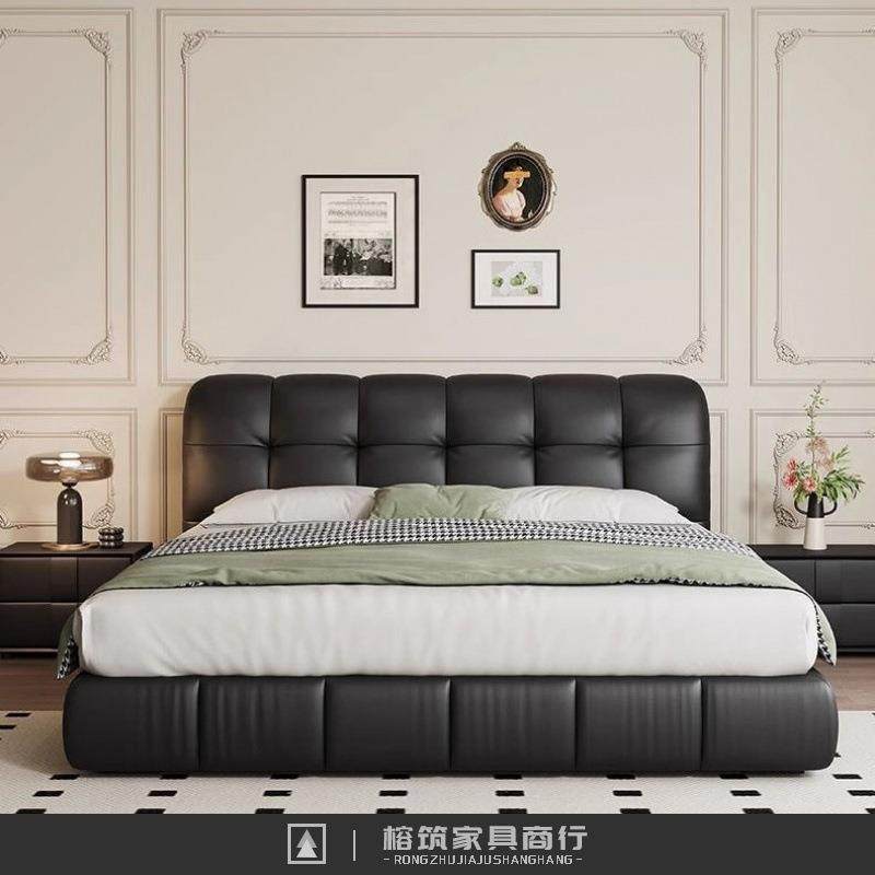 泡芙床意式黑色极简真皮现代简约高端主卧双人床储物小户型软包床