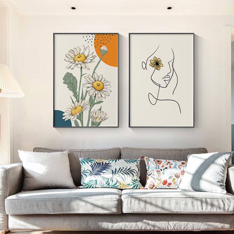 北欧客厅沙发装饰画小清新雏菊现代简约人物线条餐厅卧室组合壁画