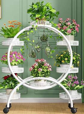 花架子客厅落地式阳台花架多层圆形带轮移动铁艺摆放置物架花盆