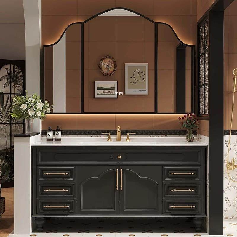 法式复古橡木浴室柜组合落地式岩板热弯一体盆洗漱台洗手池脸盆柜