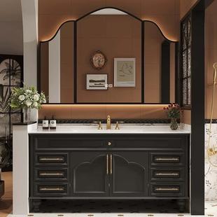 法式复古橡木浴室柜组合落地式岩板热弯一体盆洗漱台洗手池脸盆柜