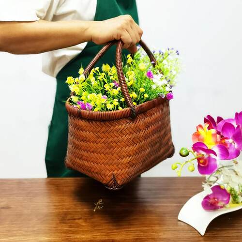 复古竹编买菜篮提篮手工外出购物篮提手篮竹制品编游玩采摘篮大号