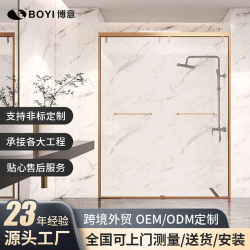 一字型淋浴房不锈钢玻璃隔断香槟金拉丝亮光平开门干湿分离淋浴房