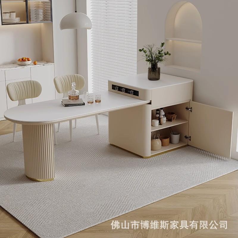 奶油风岛台餐桌一体家用小户型可伸缩岩板中岛台开放式餐桌椅组合