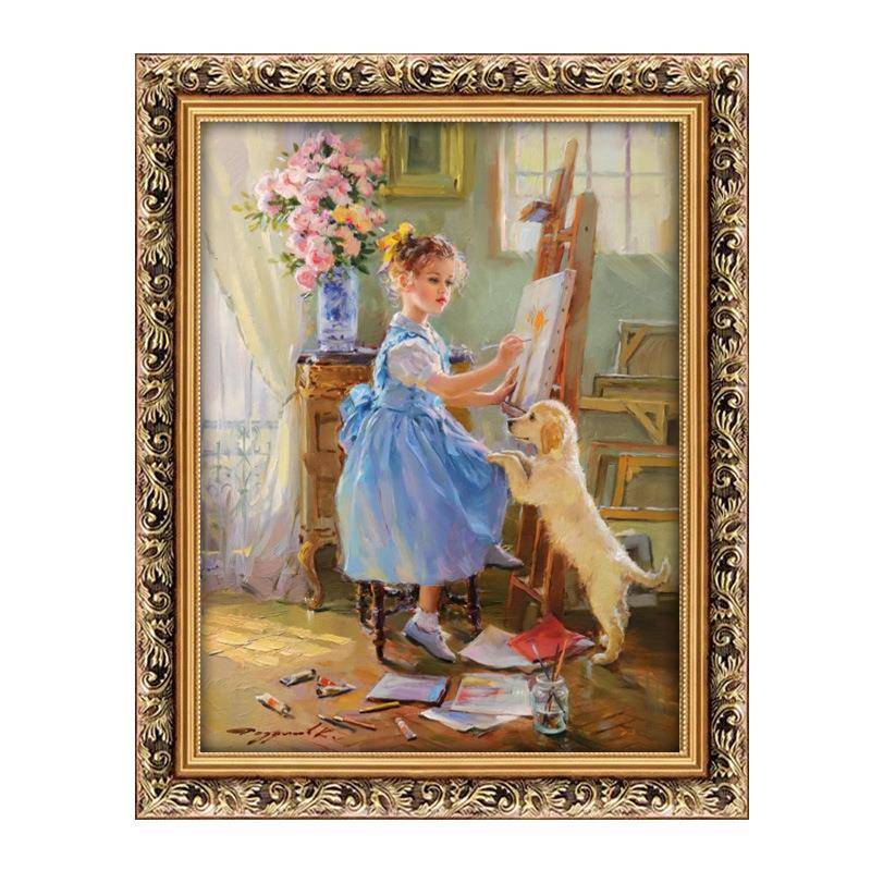 儿童房卧室挂画世界名画法式油画欧式印象人物装饰画文艺小狗壁画图片