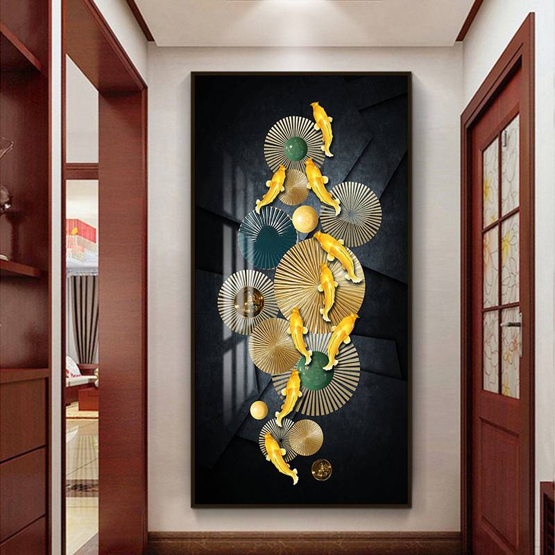 九鱼图玄关装饰画家装走廊过道竖版壁画新中式酒店别墅大尺寸挂画图片