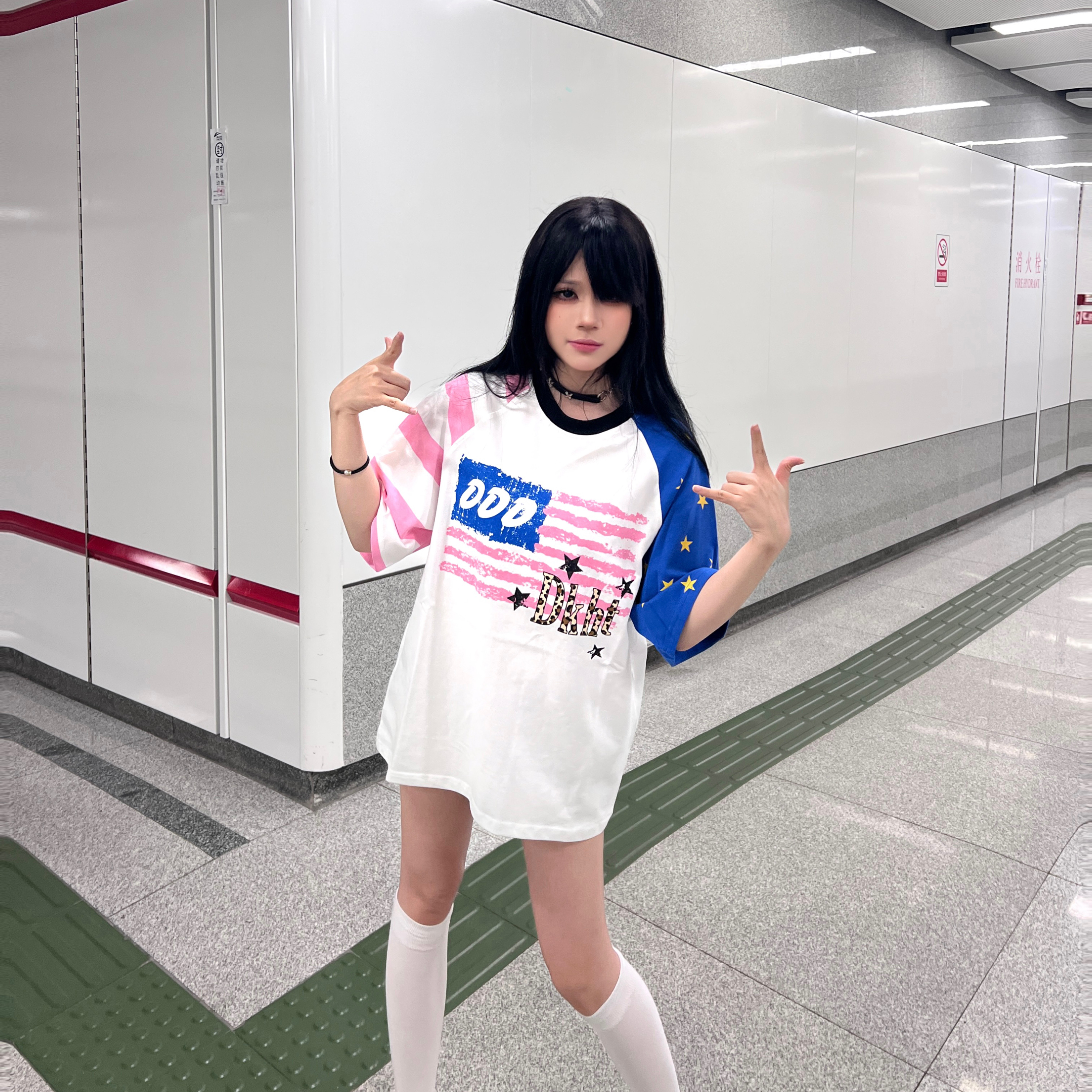 森之岛屿SZDY美式复古星星旗帜印花短袖插肩袖夏季宽松百搭上衣