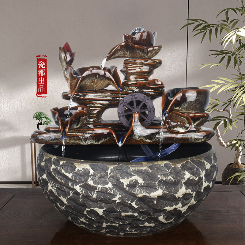 陶瓷流水摆件风水轮循环茶桌面喷泉风生水起客厅摆件乔迁家用鱼缸