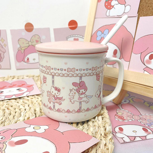 日式 粉色少女心可爱卡通家用办公室水杯圣诞礼物带盖勺陶瓷马克杯