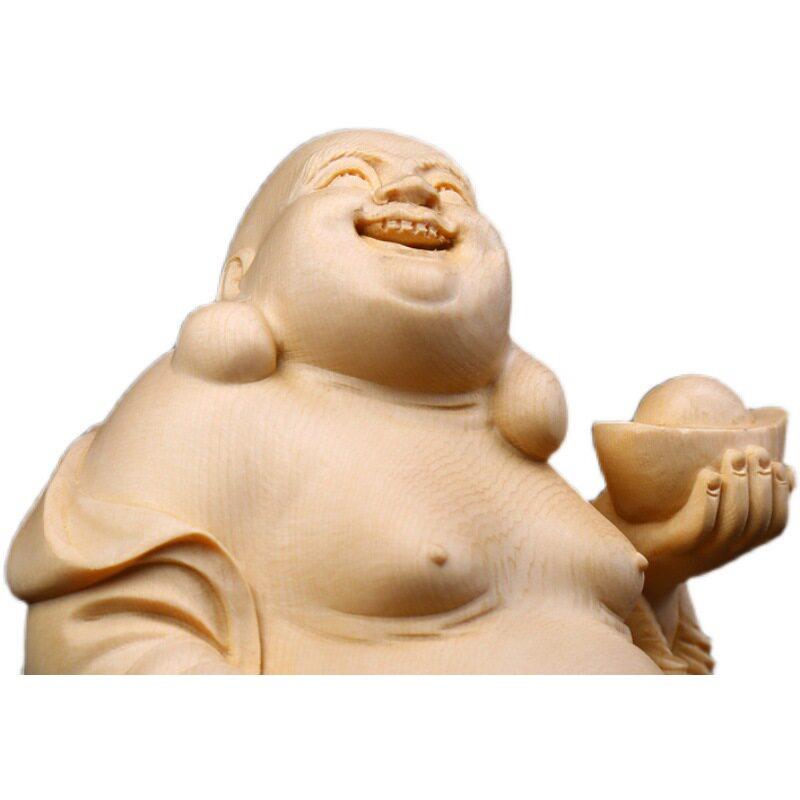 桧木雕刻家居客厅佛像寺庙汽车摆件拿扇大肚弥勒佛笑佛人物工艺品