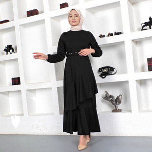 2207#中东女装Muslim优雅长裙双层荷叶边束腰纯色针织连衣裙