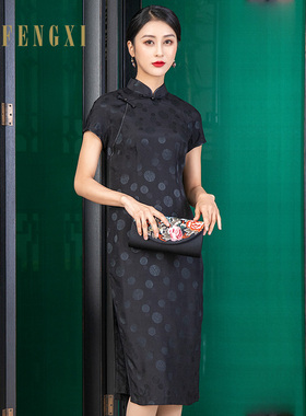 凤禧古典大气女士立领旗袍连衣裙2025春夏季交织锦旗袍黑色中长款