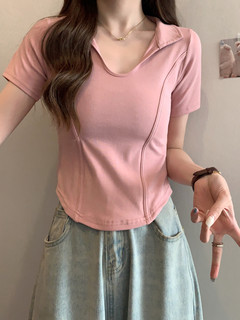 伊芙丽polo领粉色正肩短袖t恤女2024夏季新款修身小个子短款甜辣