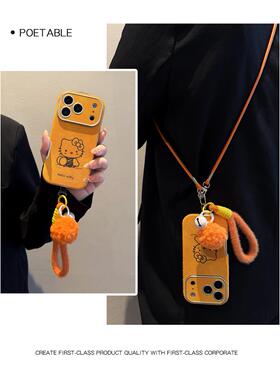 卡通kt猫适用苹果17promax手机壳新女款大视窗iPhone16pro带挂绳15pro手提斜挎橙色14高端13小众不撞壳12防摔