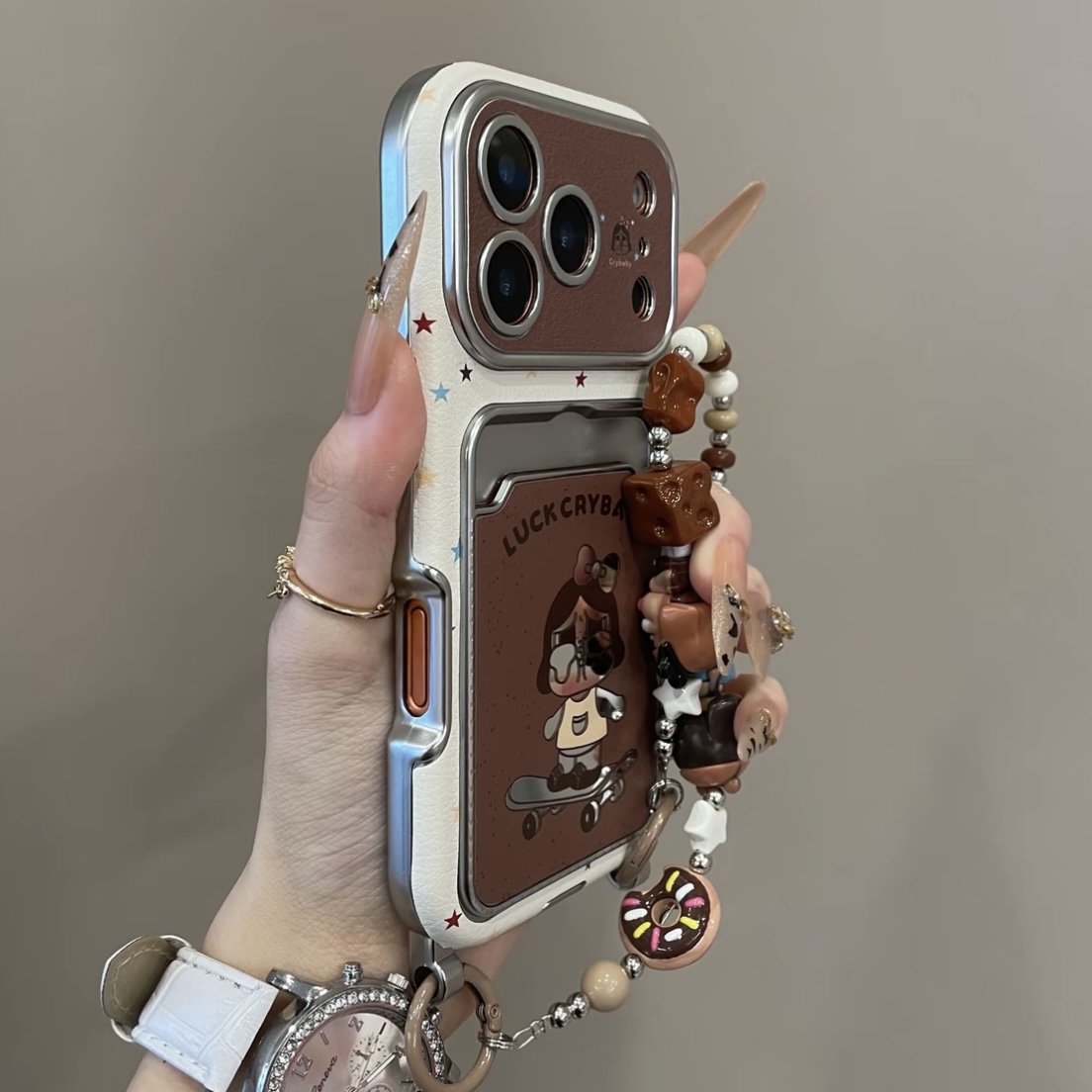 ins棕色哭娃镜面卡包适用