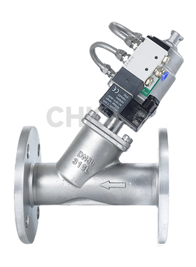 304高温蒸汽Y型气动法兰角座阀带配加AC220VDJC24V电磁阀DN204050