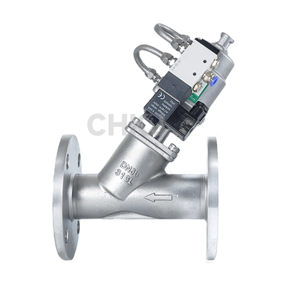 304高温蒸汽Y型气动法兰角座阀带配加AC220VDJC24V电磁阀DN204050