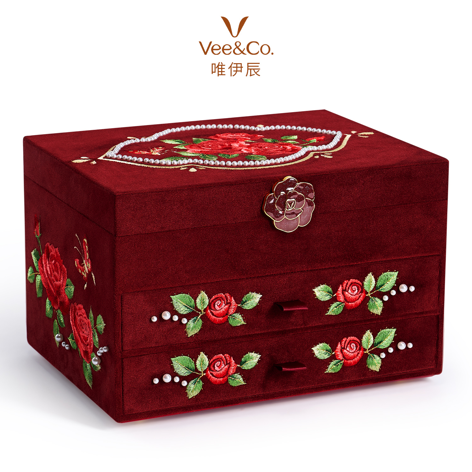 国风玫瑰刺绣首饰盒大容量收纳