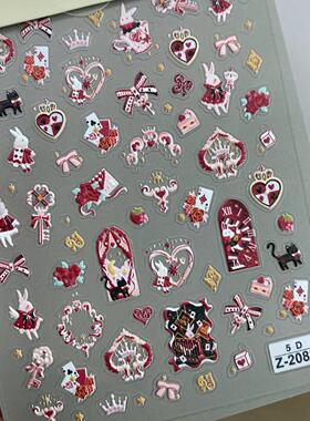 【特惠两张】红色兔子草莓美甲浮雕贴纸扑克牌兔子可爱卡通网红兔