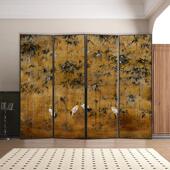 法式 中古竹子仙鹤屏风隔断客厅沙发背景遮挡装 饰家用折叠移动复古