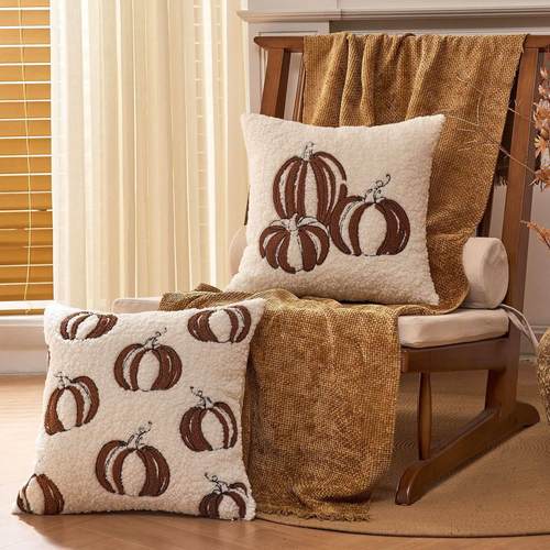 temu跨境1pc秋天南瓜抱枕套，泰迪绒兔毛靠垫感恩节万圣节装饰客