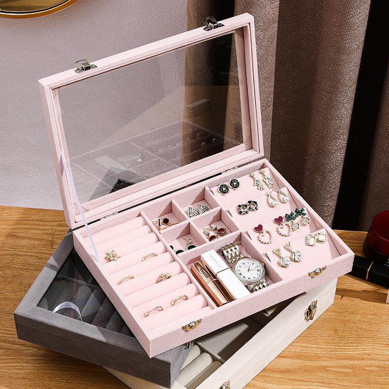 绒布饰品首饰盒耳饰耳钉耳环戒指手镯收纳盒带盖防尘大容量珠宝盒