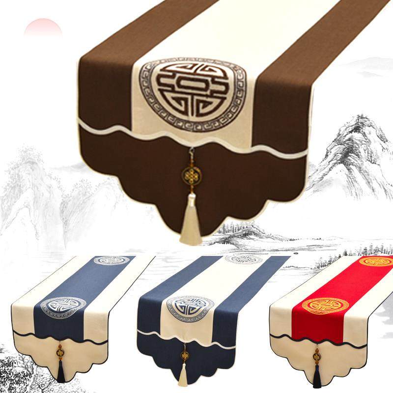 新中式桌旗棉麻刺绣防滑中国风古典禅意餐桌茶几旗电视柜盖布定制