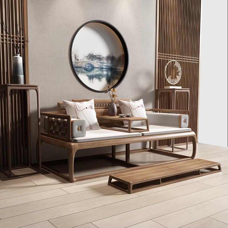 #新中式罗汉床小户型家用实木床榻客厅禅意沙发简约黑胡桃木贵妃