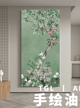 抽象花鸟图入户玄关挂画绿色植物花卉客厅装饰画大芬村纯手绘油画