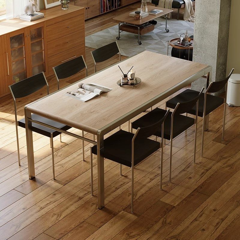 莱维家包豪斯白蜡木餐桌家用小户型中古风不锈钢实木长方形饭桌