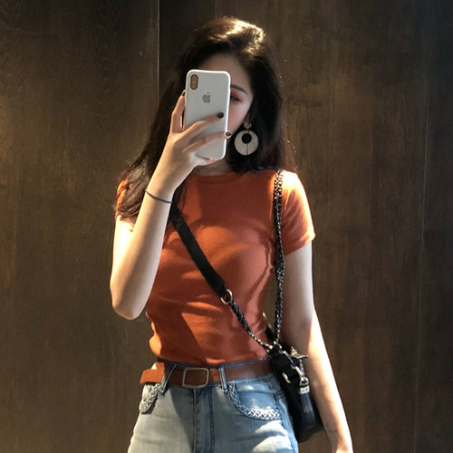正肩橘色t恤女夏短袖欧货2024新款打底衫chic复古港味修身显瘦t恤