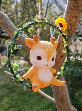 创意动物摆件庭院装饰摆件户外阳台树上小鹿荡秋千花园挂件挂饰