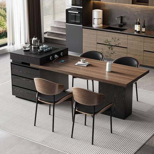 2025新款胡桃木纹岩板餐桌家用一体可伸缩多功能一体岩板岛台餐桌