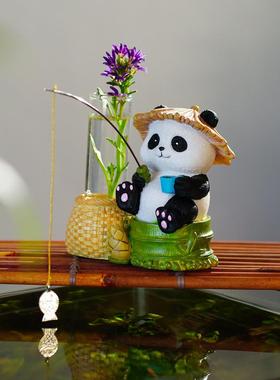 原创熊猫钓鱼小花瓶流水鱼池古法鱼缸办公桌面客厅水族箱装饰摆件